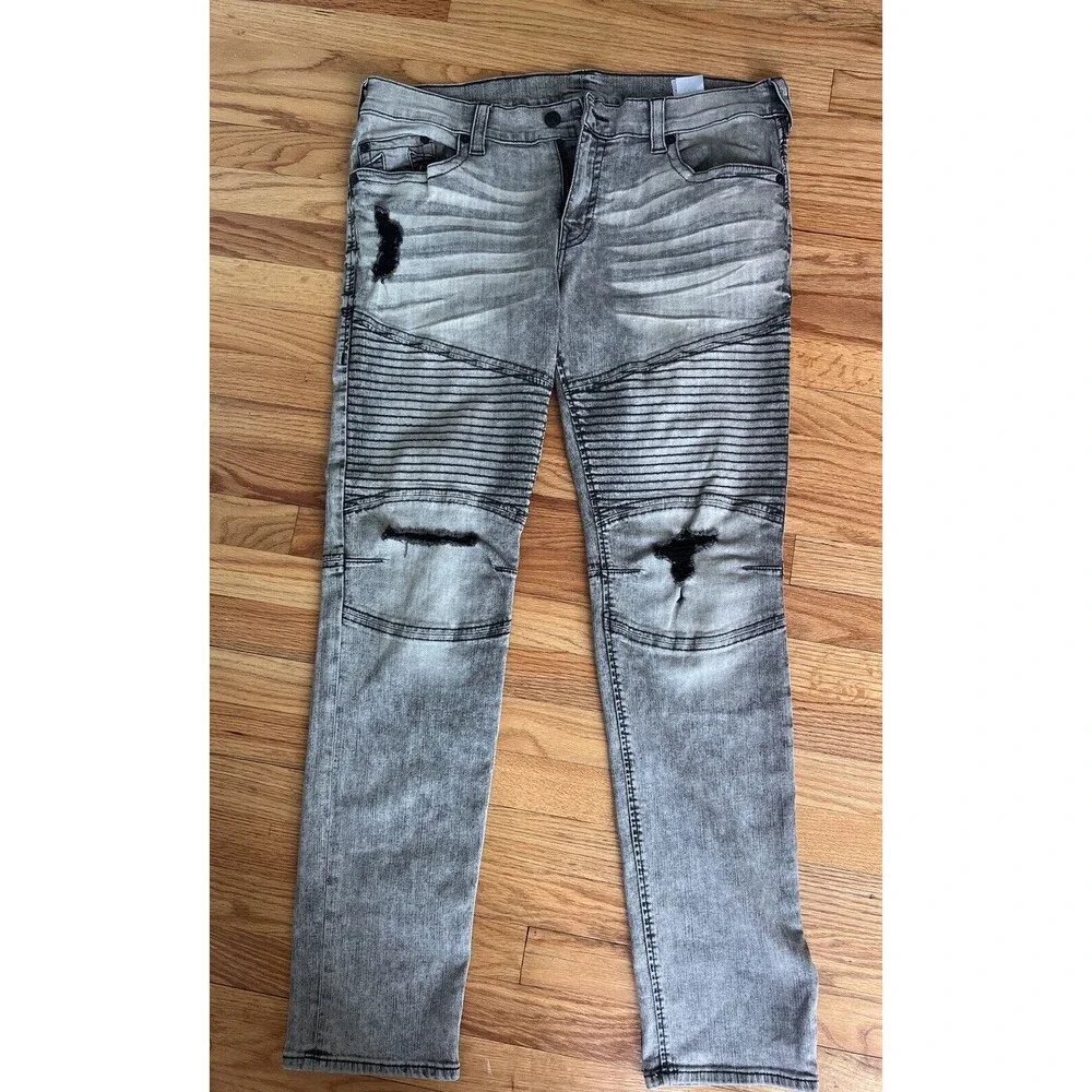 True Religion Relaxed‎ Skinny Moto Jeans Distressed Charcoal Mens 38